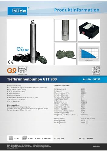 4 Zoll Güde Tiefbrunnenpumpe GTT 900 für 4500 l/h und 60 m Förderhöhe - 8