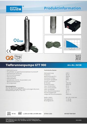 4 Zoll Güde Tiefbrunnenpumpe GTT 900 mit 5,5 bar Maximaldruck und 4500 l/h Förderleistung - 8