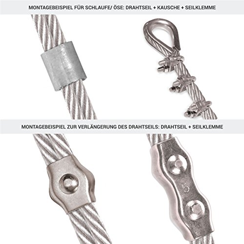 Seilwerk STANKE Rankhilfe Edelstahldrahtseil 15m V4A Edelstahlseil 3mm 7x7, 4x Kausche V4A, 8x Bügelformklemme V4A - SET 2 - 2