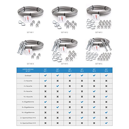 Seilwerk STANKE Rankhilfe Edelstahldrahtseil 15m V4A Edelstahlseil 3mm 7x7, 4x Kausche V4A, 8x Bügelformklemme V4A - SET 2 - 5