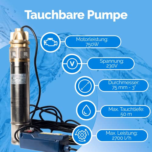 3 Zoll Tiefbrunnenpumpe für 2700 l/h und 60 m Förderhöhe mit Druckschalter und Abschaltautomatik - 7